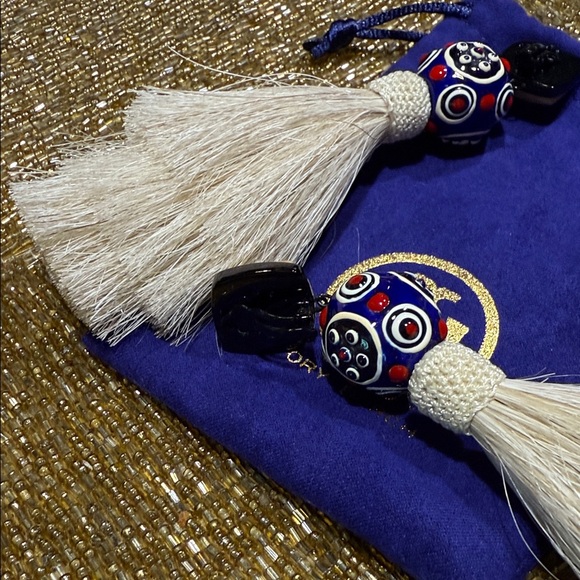 Tory Burch Elegant Beige and Blue Mohair Tassel Clip-on Earrings